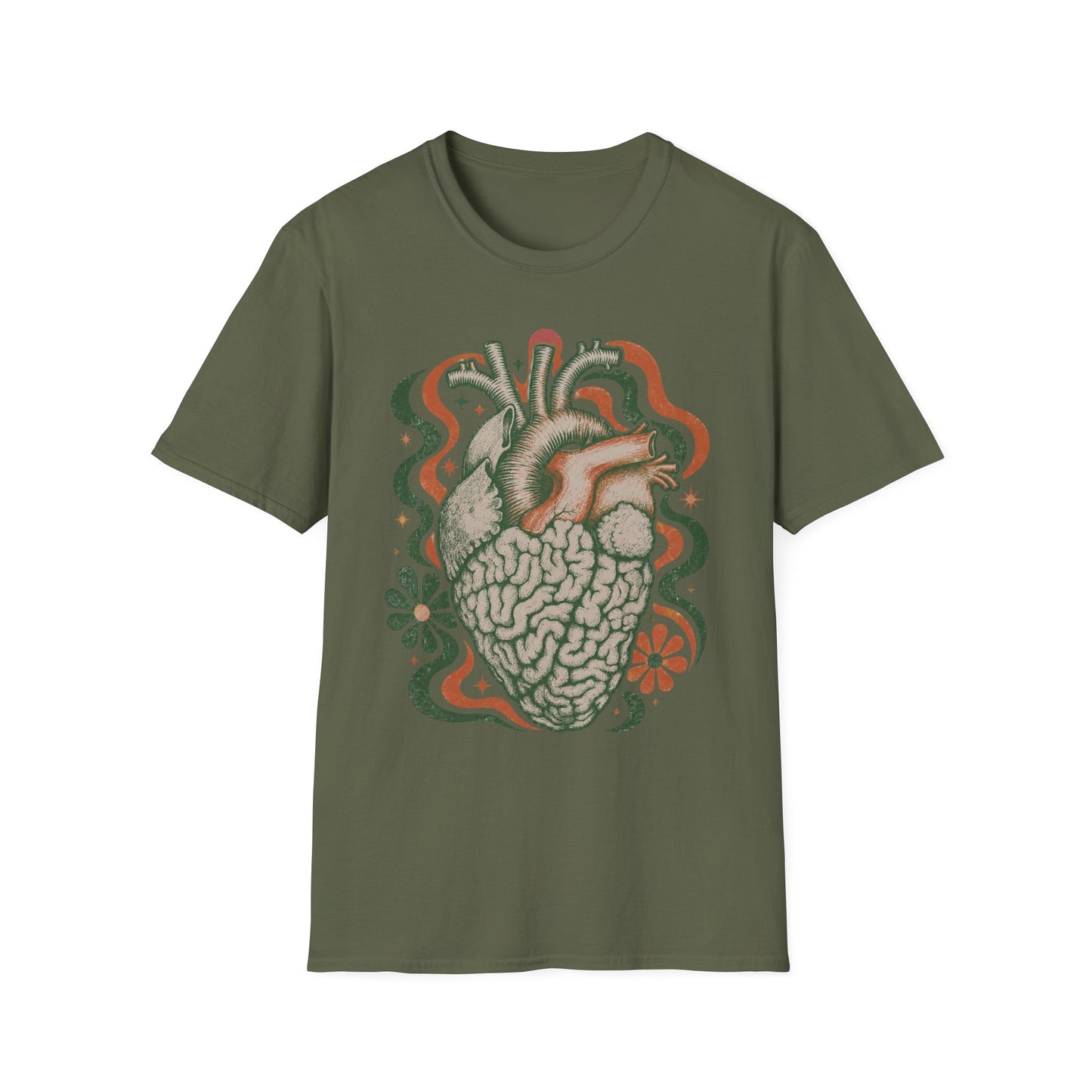 Anatomical Heart & Brain Graphic T-Shirt — Psychedelic Floral Design