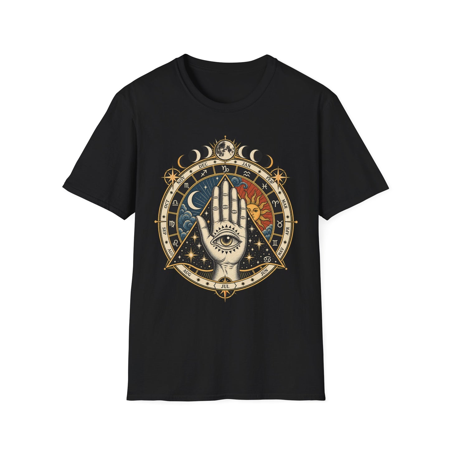 Mystic Palmistry T-Shirt — Celestial Hand with Sun & Moon Tarot Design