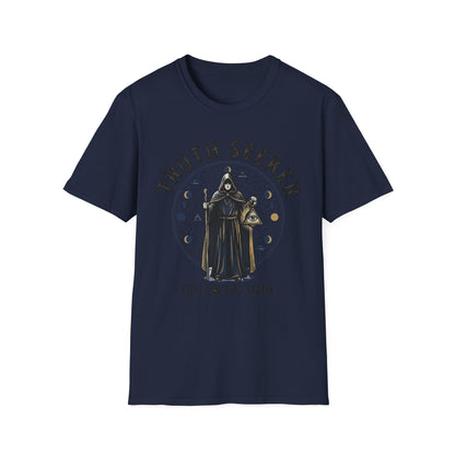 Truth Seeker T-Shirt — Mystic Hooded Figure “Follow the Signs” Graphic Tee