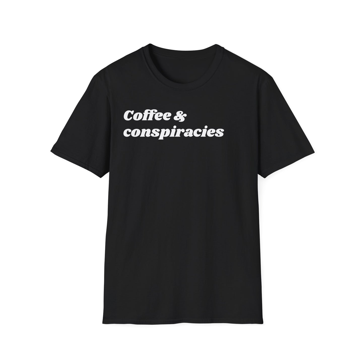 Coffee & Conspiracies T-Shirt — Funny Graphic Tee for Coffee Lovers