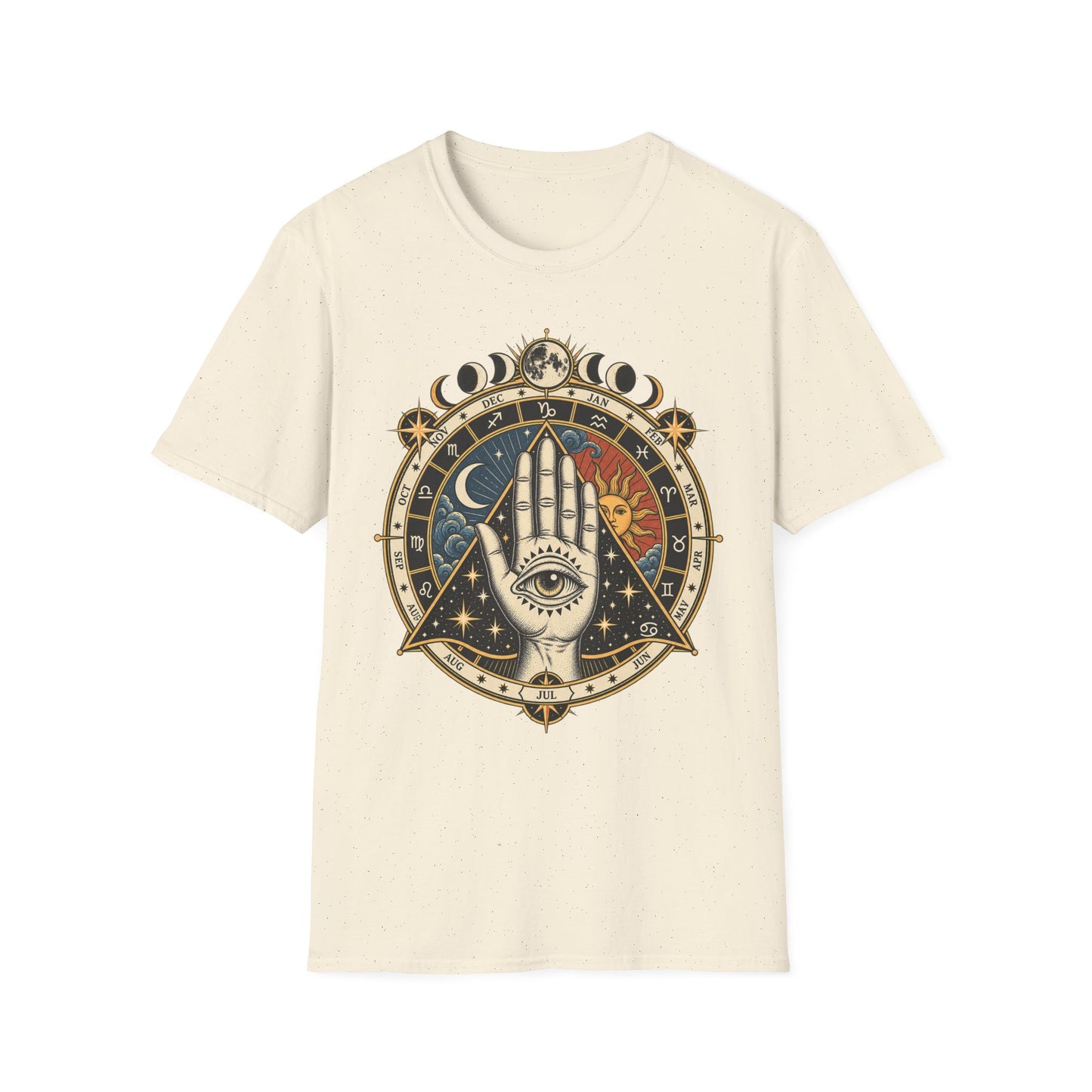 Mystic Palmistry T-Shirt — Celestial Hand with Sun & Moon Tarot Design