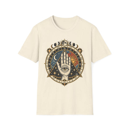 Mystic Palmistry T-Shirt — Celestial Hand with Sun & Moon Tarot Design
