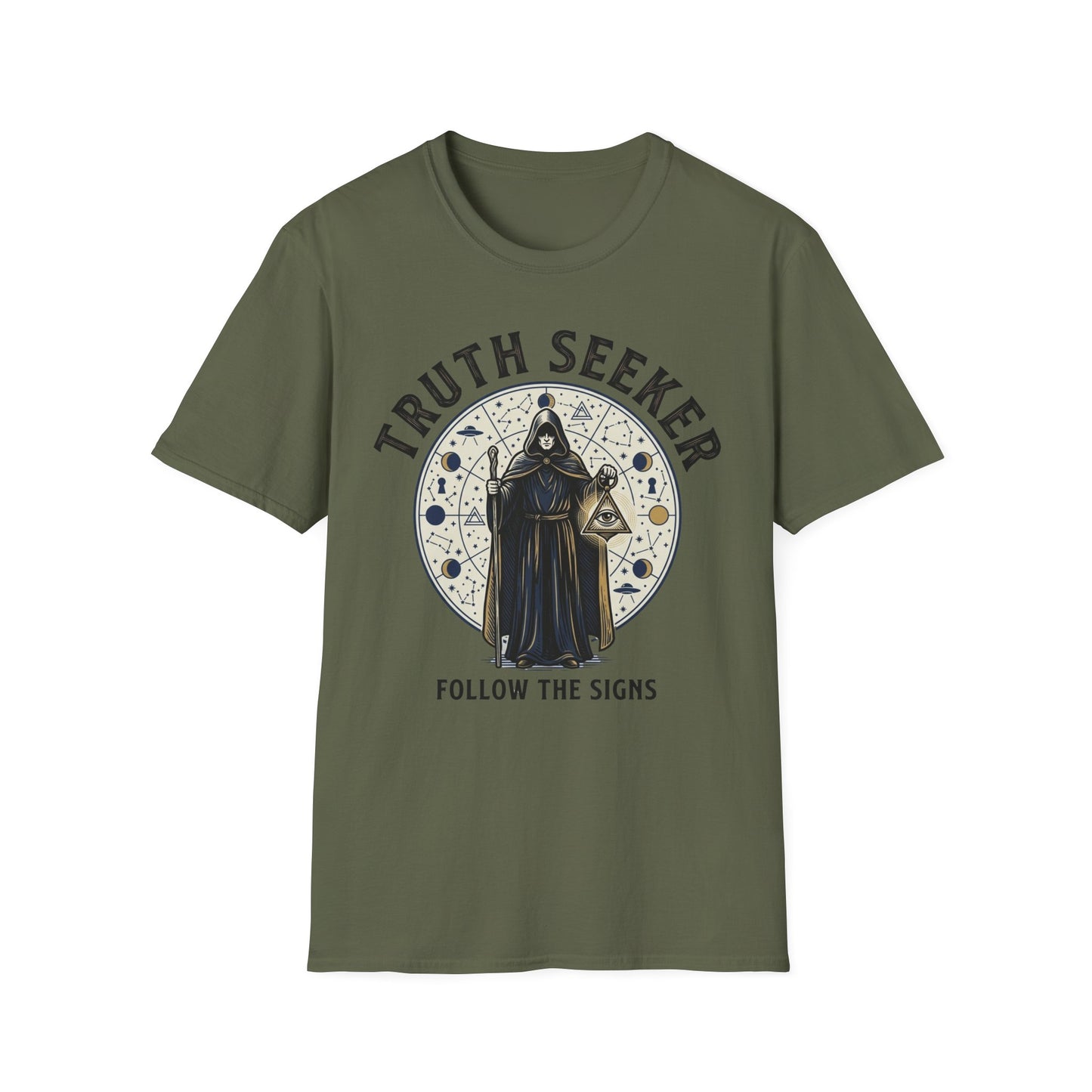 Truth Seeker T-Shirt — Mystical Hooded Sage 'Follow the Signs' Graphic Tee