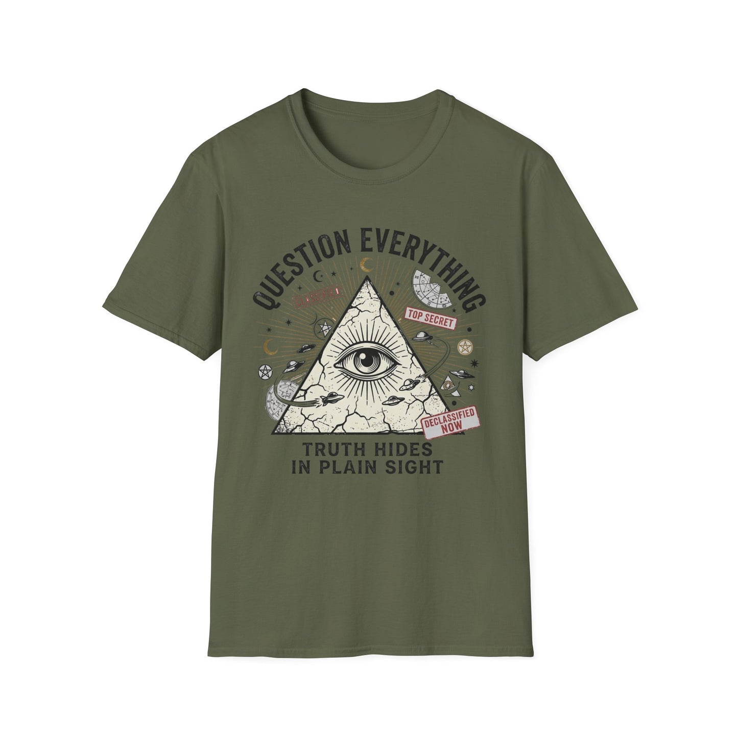 Question Everything T-Shirt — Eye Pyramid Graphic with “Truth Hides in Plain Sight”