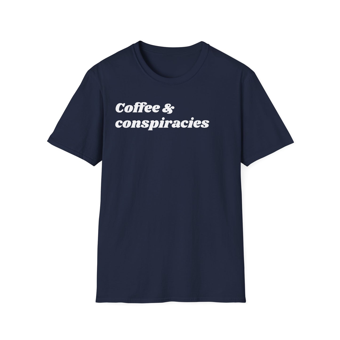 Coffee & Conspiracies T-Shirt — Funny Graphic Tee for Coffee Lovers