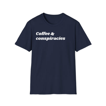 Coffee & Conspiracies T-Shirt — Funny Graphic Tee for Coffee Lovers
