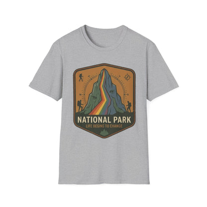 National Park Mountain Badge T-Shirt — Retro Rainbow Peak Outdoor Tee