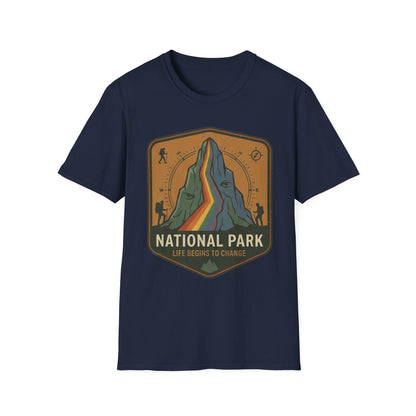 National Park Mountain Badge T-Shirt — Retro Rainbow Peak Outdoor Tee