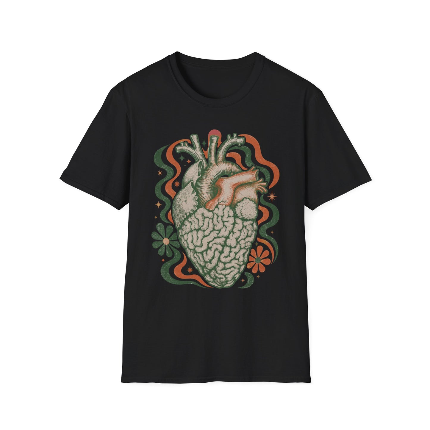 Anatomical Heart & Brain Graphic T-Shirt — Psychedelic Floral Design