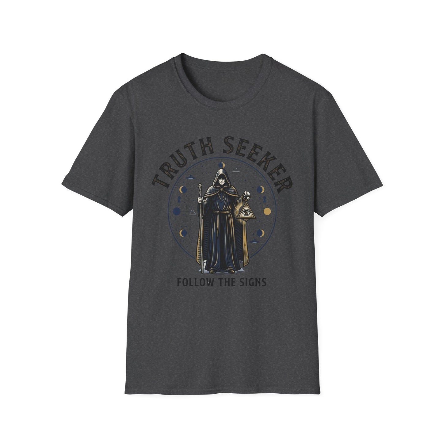 Truth Seeker T-Shirt — Mystic Hooded Figure “Follow the Signs” Graphic Tee