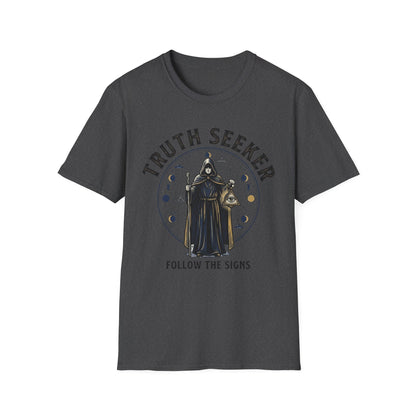 Truth Seeker T-Shirt — Mystic Hooded Figure “Follow the Signs” Graphic Tee