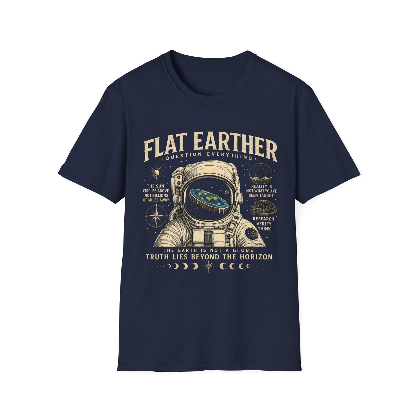Flat Earther T-Shirt — 'Question Everything' Astronaut Graphic Tee