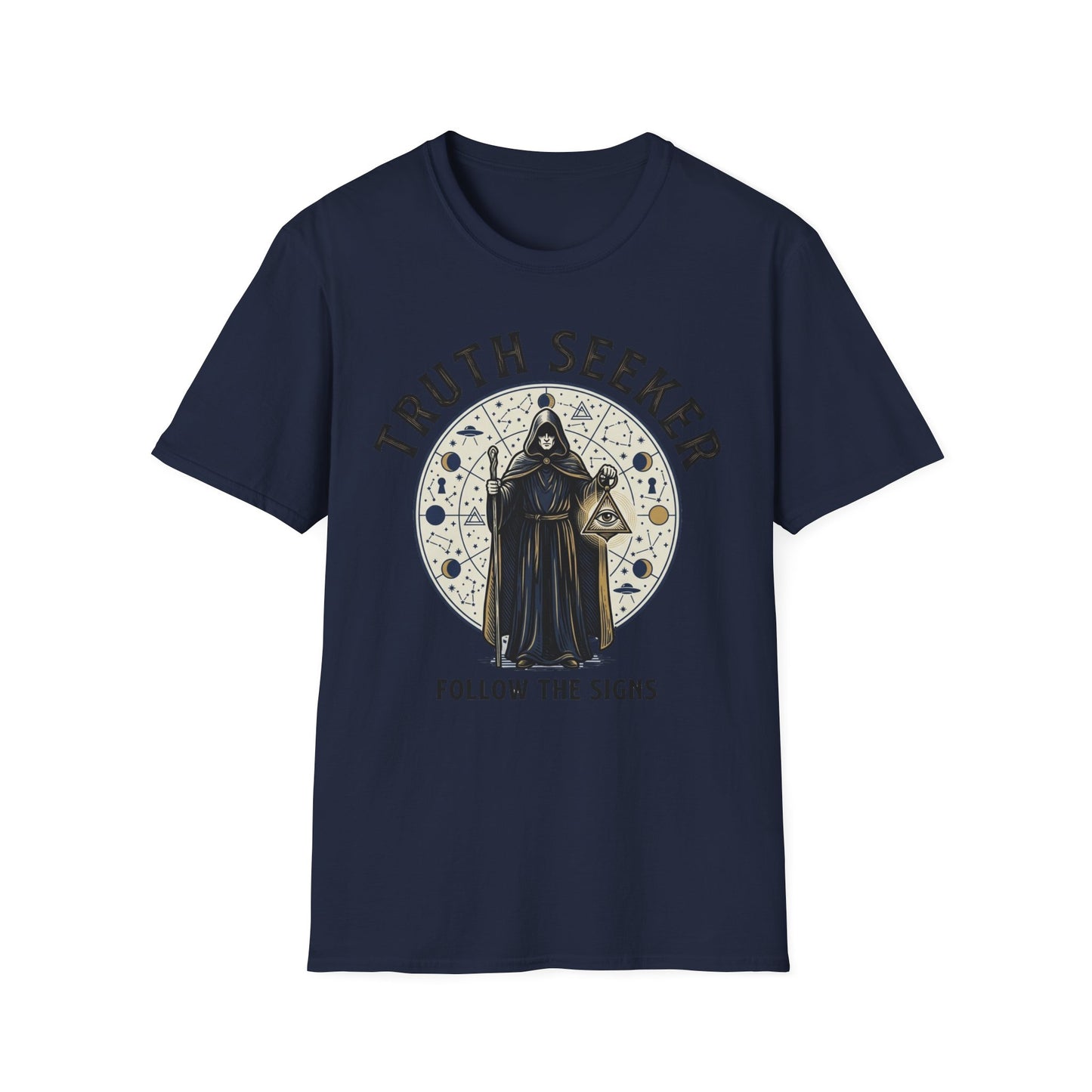 Truth Seeker T-Shirt — Mystical Hooded Sage 'Follow the Signs' Graphic Tee