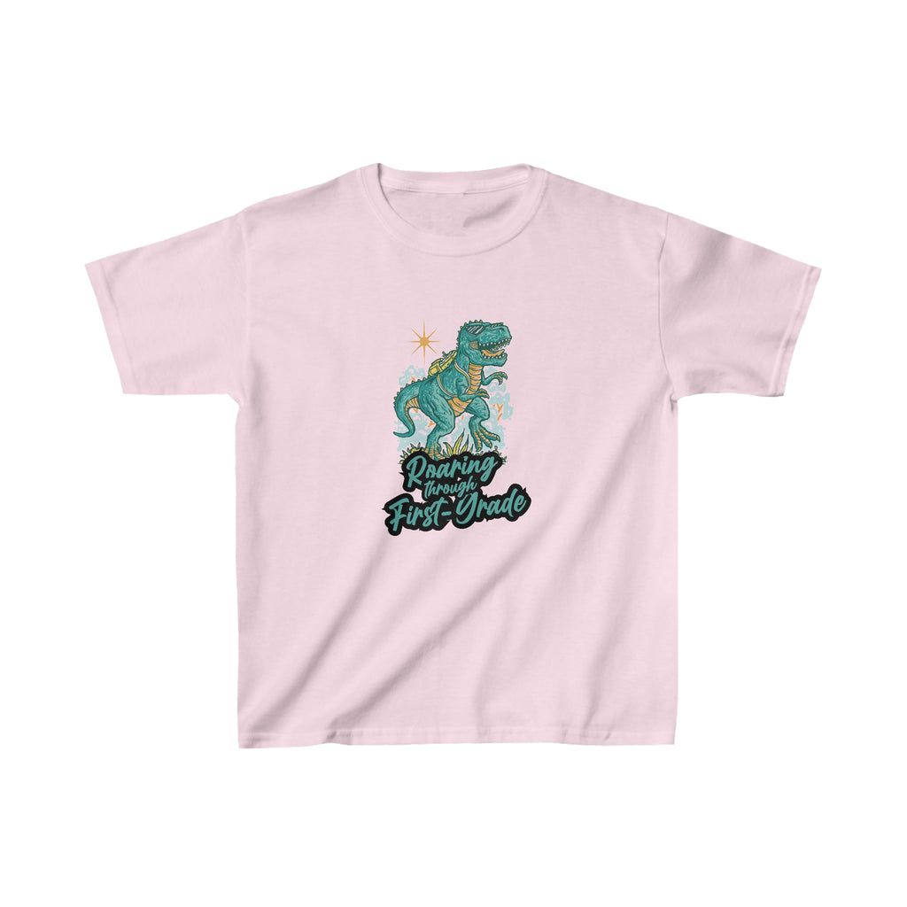 Dinosaur Roaring Through School | First Grade Kids Heavy Cotton™ Tee