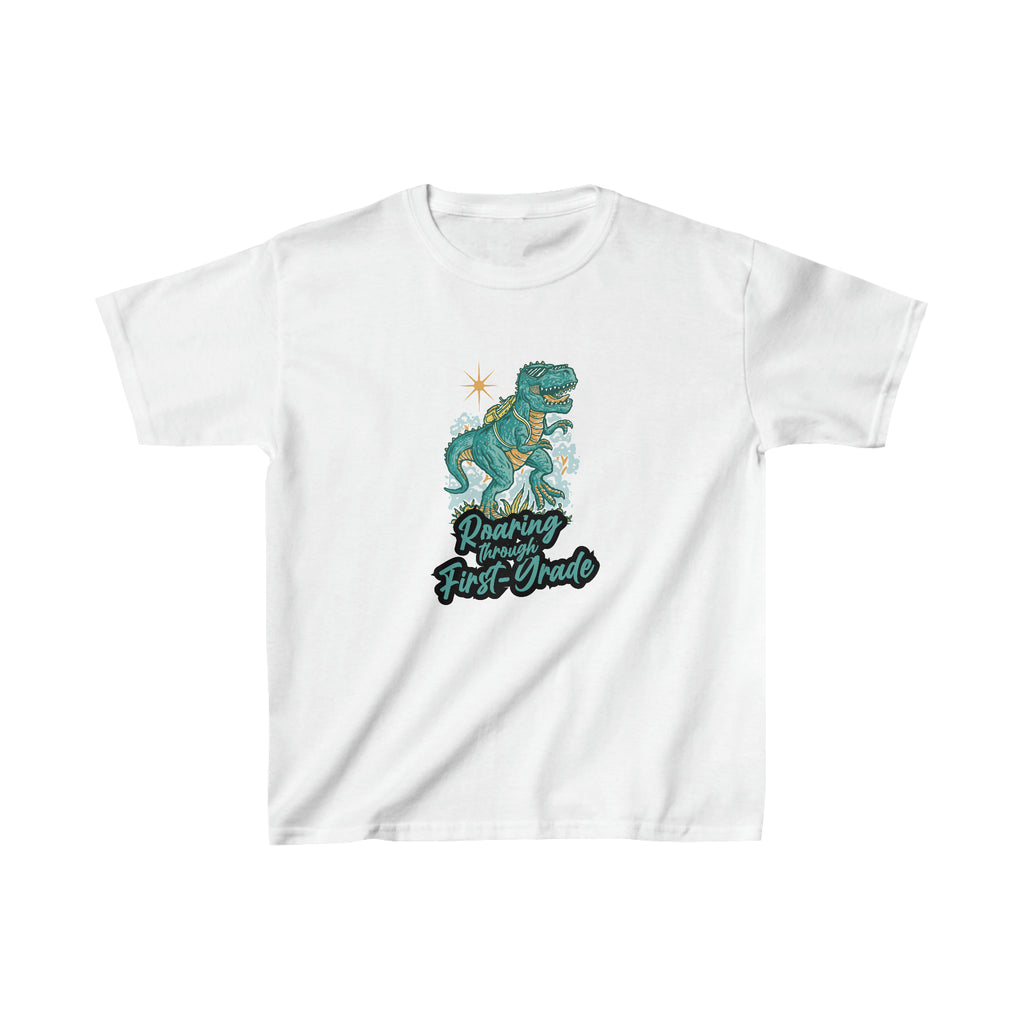 Dinosaur Roaring Through School | First Grade Kids Heavy Cotton™ Tee