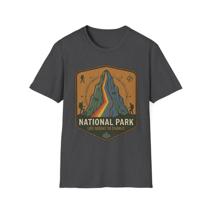 National Park Mountain Badge T-Shirt — Retro Rainbow Peak Outdoor Tee
