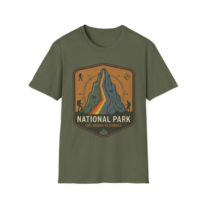 National Park Mountain Badge T-Shirt — Retro Rainbow Peak Outdoor Tee