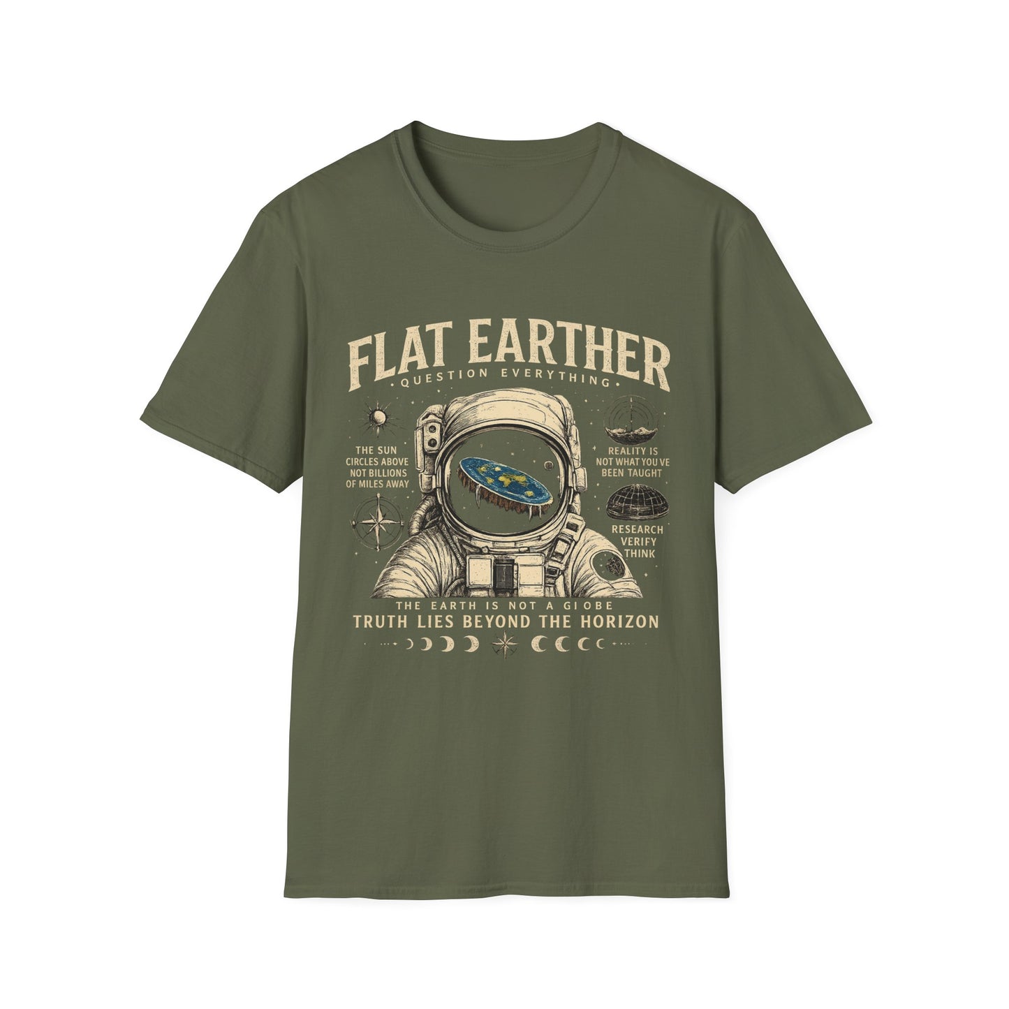Flat Earther T-Shirt — 'Question Everything' Astronaut Graphic Tee