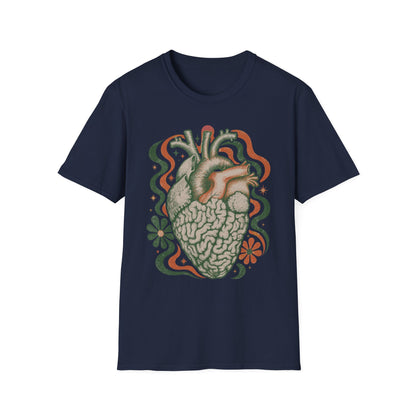 Anatomical Heart & Brain Graphic T-Shirt — Psychedelic Floral Design