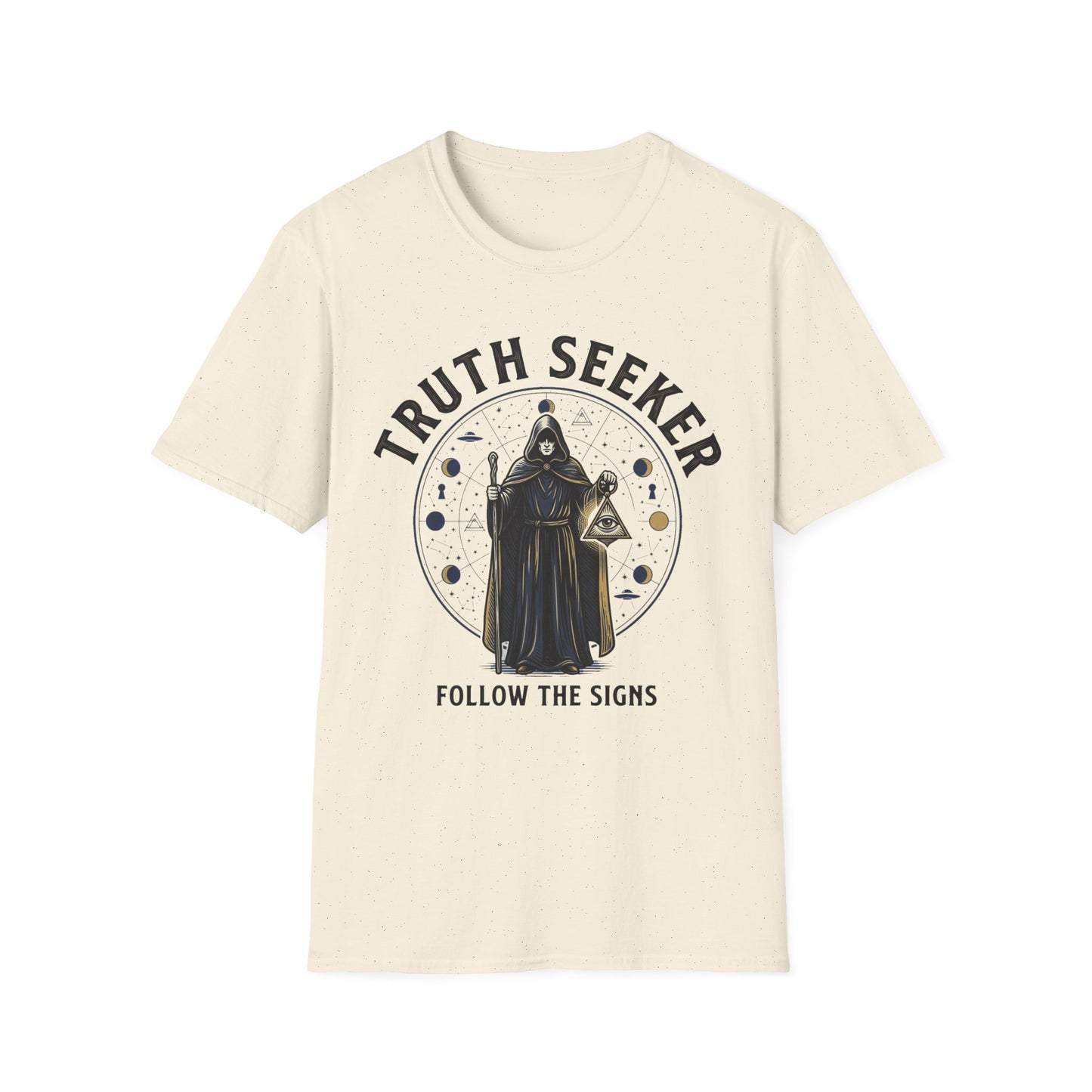 Truth Seeker T-Shirt — Mystic Hooded Figure “Follow the Signs” Graphic Tee