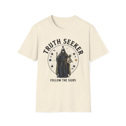 Truth Seeker T-Shirt — Mystic Hooded Figure “Follow the Signs” Graphic Tee