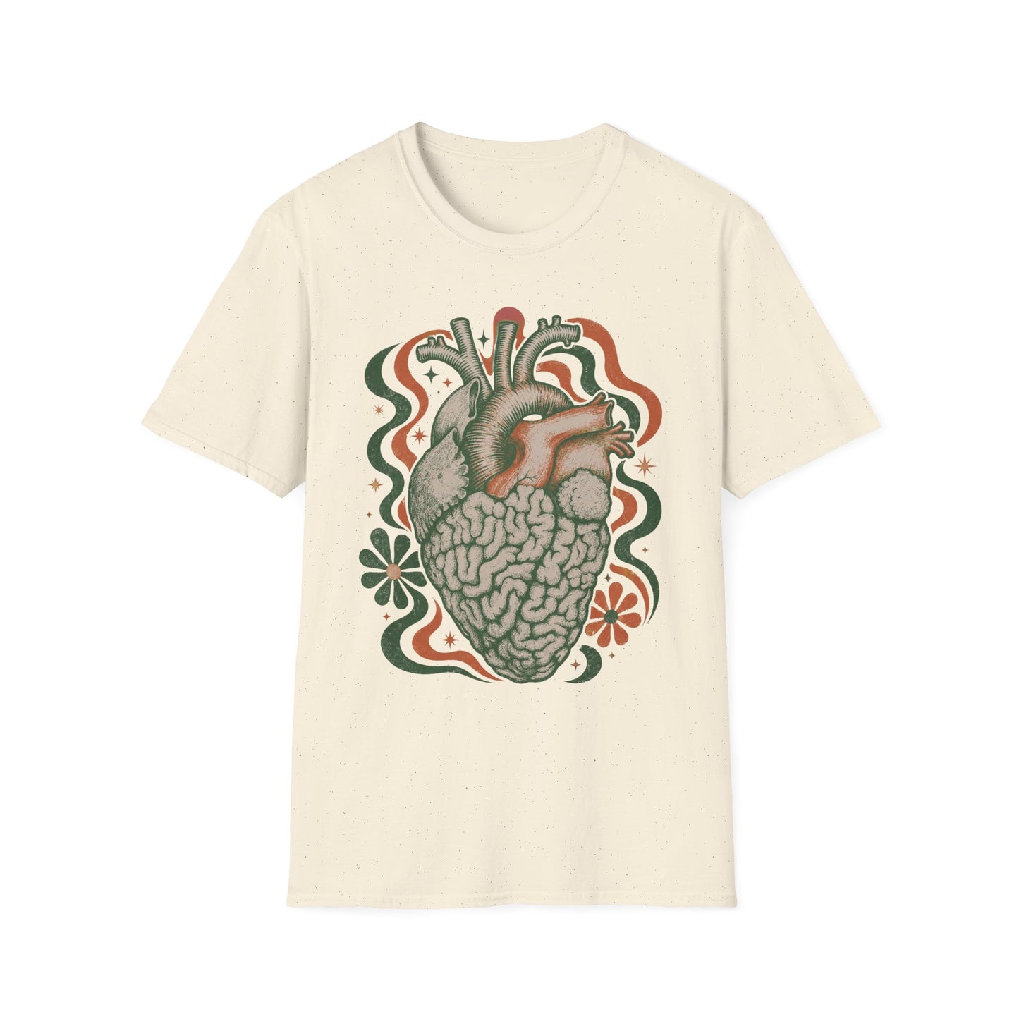Anatomical Heart & Brain Graphic T-Shirt — Psychedelic Floral Design