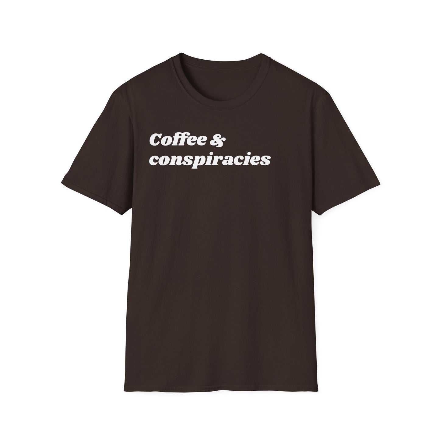 Coffee & Conspiracies T-Shirt — Funny Graphic Tee for Coffee Lovers