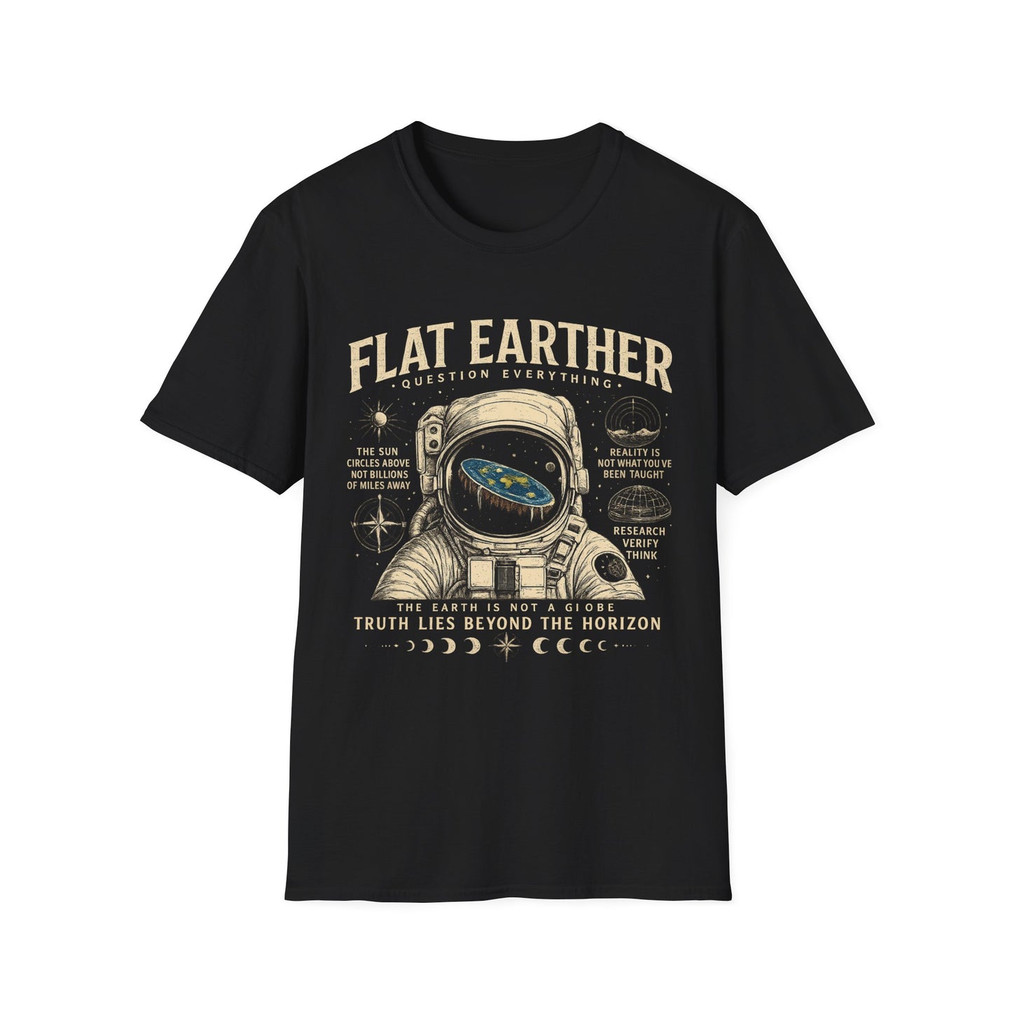 Flat Earther T-Shirt — 'Question Everything' Astronaut Graphic Tee