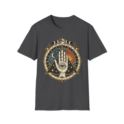 Mystic Palmistry T-Shirt — Celestial Hand with Sun & Moon Tarot Design
