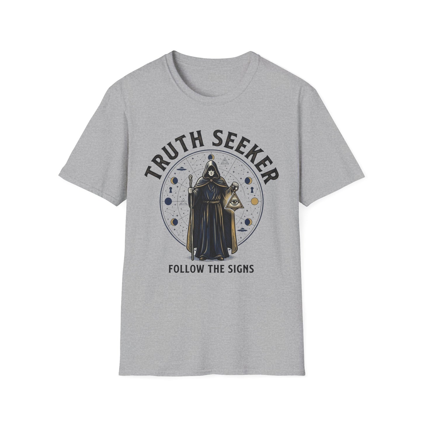 Truth Seeker T-Shirt — Mystic Hooded Figure “Follow the Signs” Graphic Tee
