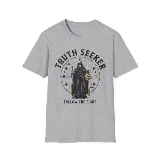 Truth Seeker T-Shirt — Mystic Hooded Figure “Follow the Signs” Graphic Tee