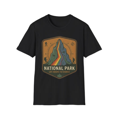 National Park Mountain Badge T-Shirt — Retro Rainbow Peak Outdoor Tee