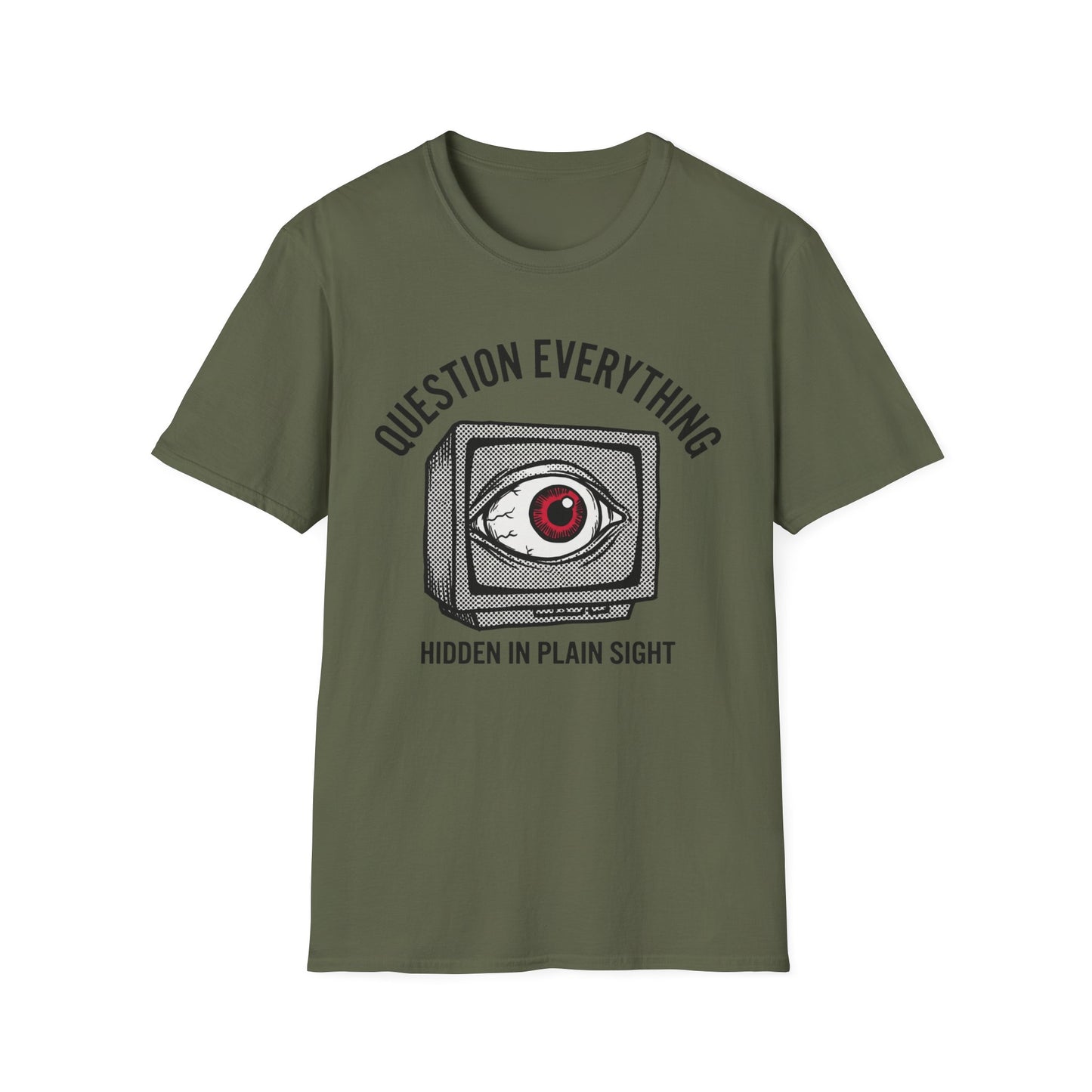 Question Everything T‑Shirt — Vintage TV Eye Graphic, “Hidden in Plain Sight” Conspiracy Style Tee