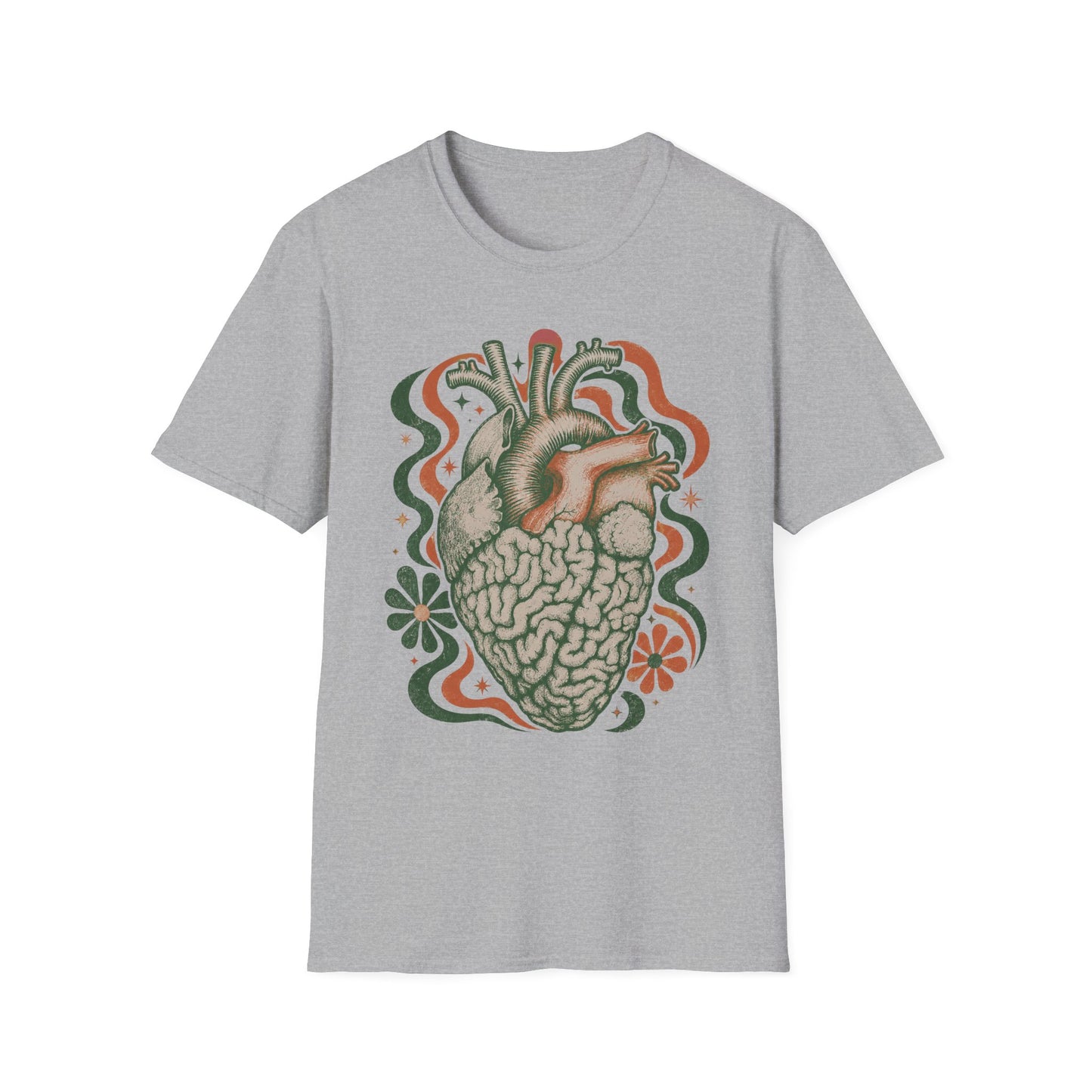 Anatomical Heart & Brain Graphic T-Shirt — Psychedelic Floral Design