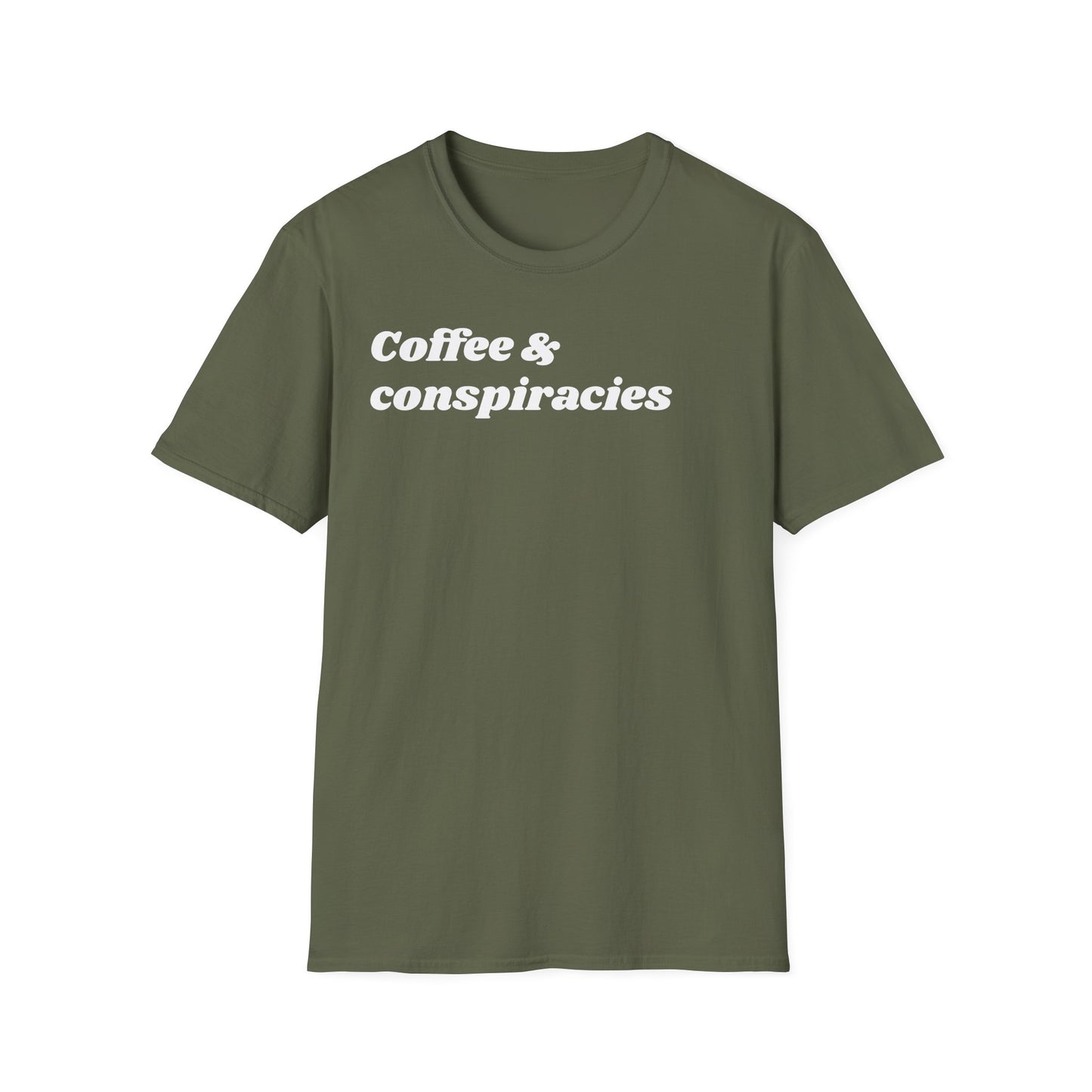 Coffee & Conspiracies T-Shirt — Funny Graphic Tee for Coffee Lovers
