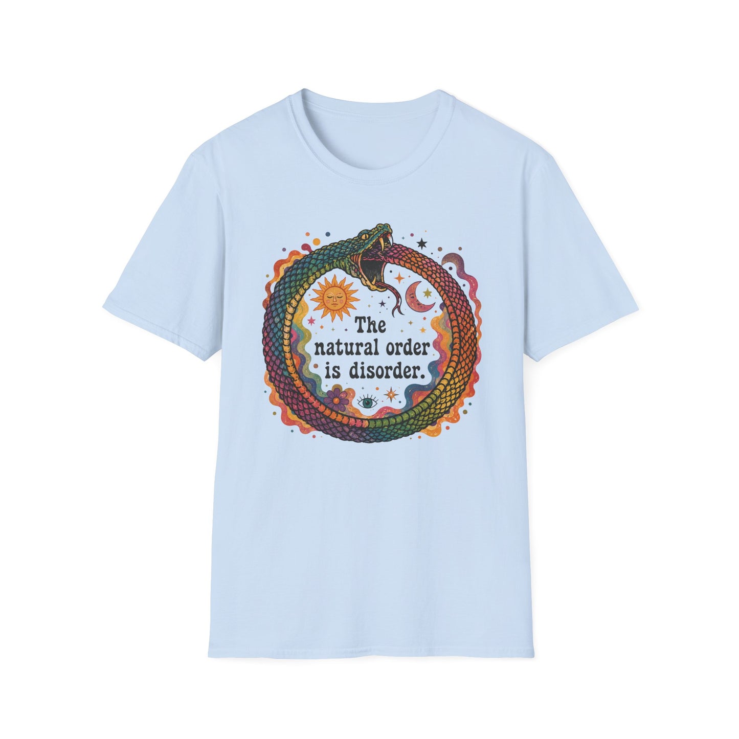 Ouroboros Sun & Moon Tee — “The Natural Order Is Disorder” Graphic T-Shirt