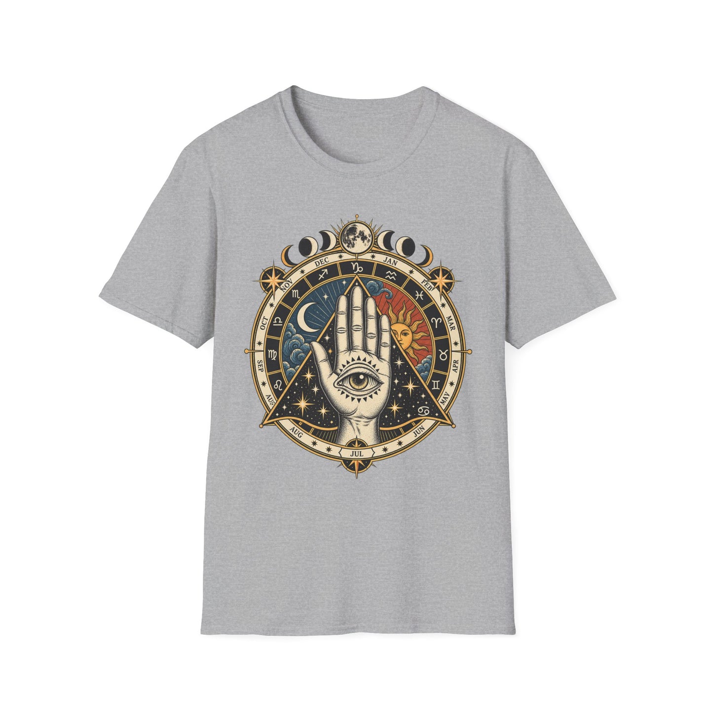 Mystic Palmistry T-Shirt — Celestial Hand with Sun & Moon Tarot Design