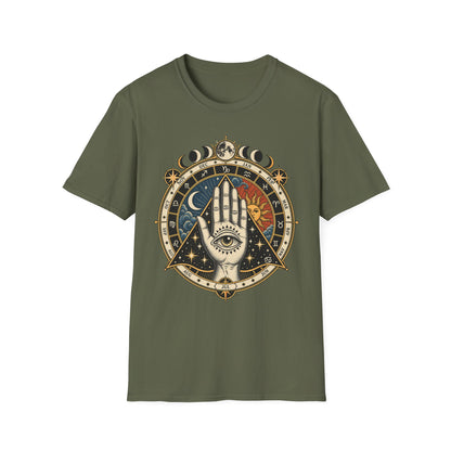 Mystic Palmistry T-Shirt — Celestial Hand with Sun & Moon Tarot Design