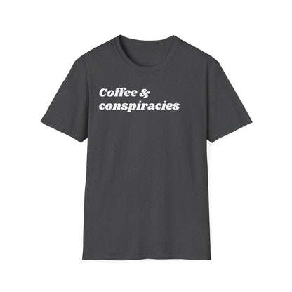Coffee & Conspiracies T-Shirt — Funny Graphic Tee for Coffee Lovers