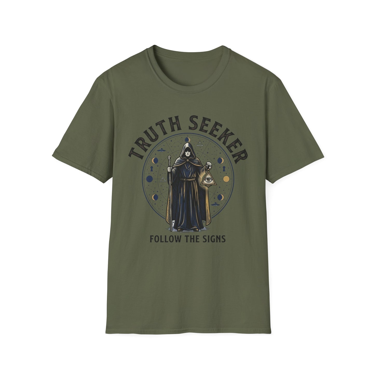 Truth Seeker T-Shirt — Mystic Hooded Figure “Follow the Signs” Graphic Tee