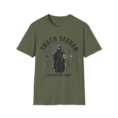 Truth Seeker T-Shirt — Mystic Hooded Figure “Follow the Signs” Graphic Tee